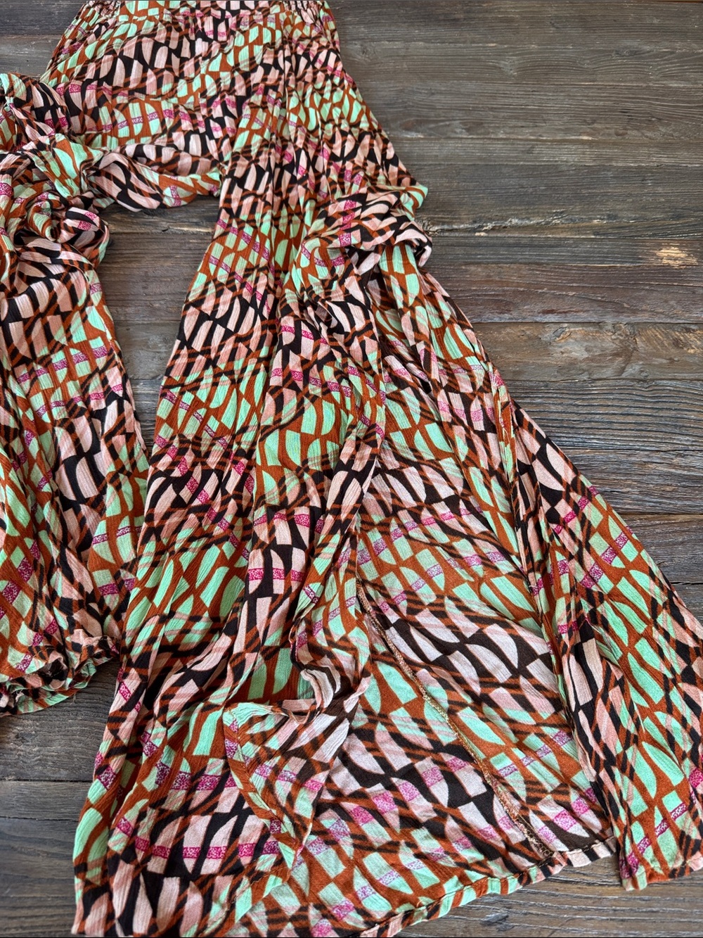 Free People Sahara Jumpsuit bold geometric print fly away pants ruffled EUC Smal - Picture 12 of 12
